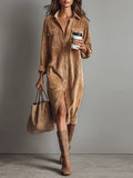 Corduroy Dual Pocket Button Down Long Sleeve Shirt Dress