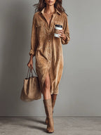 Corduroy Dual Pocket Button Down Long Sleeve Shirt Dress