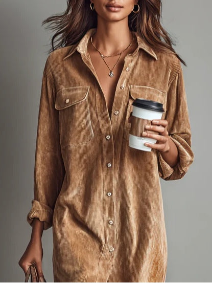 Corduroy Dual Pocket Button Down Long Sleeve Shirt Dress