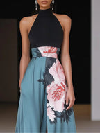Floral Colorblock Halter Neck A Line Split Maxi Dress - Wedding Guest