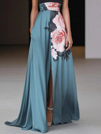 Floral Colorblock Halter Neck A Line Split Maxi Dress - Wedding Guest