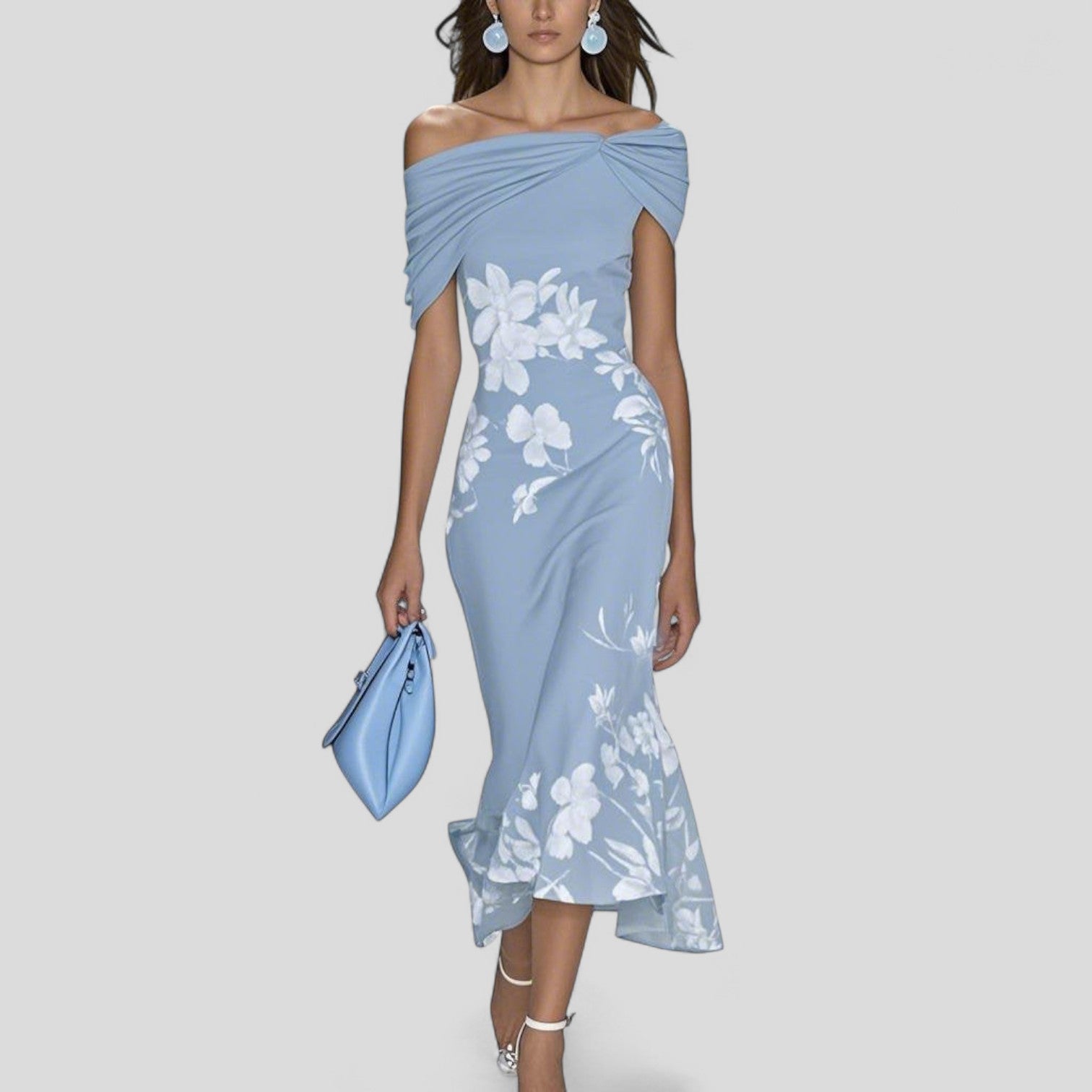 Floral Off Shoulder Twist Ruched Bodycon Midi Dress - Wedding Guest