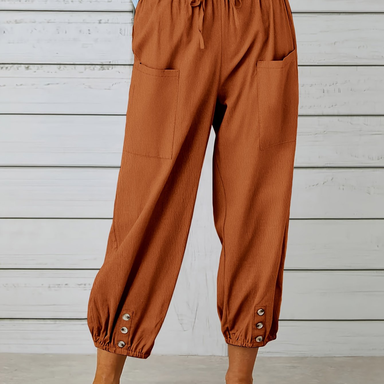 Button Cuff Patch Pocket Drawstring Capri Linen Pant