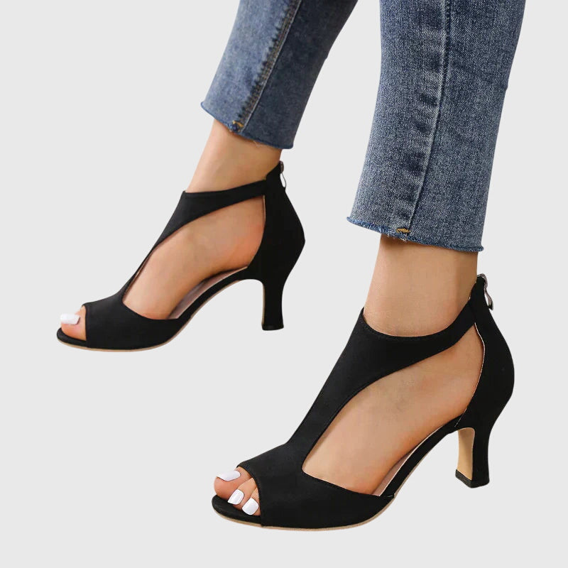 Cut Out Peep Toe Suede Block Heel Sandal