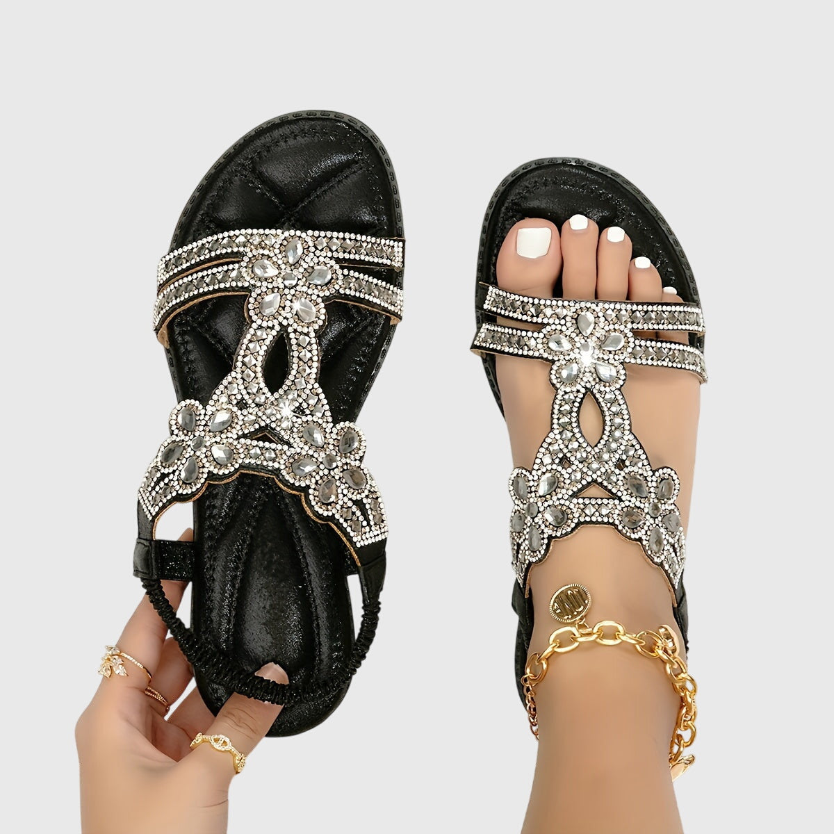 Rhinestone Embellished Cut Out Velcro Flat Sandal