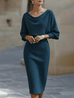 Cowl Neck Batwing Sleeve Ribbed Knit Midi Dress