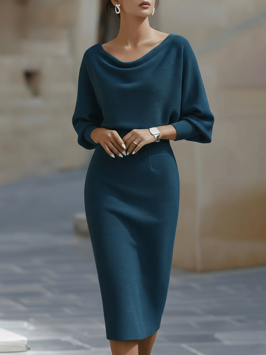 Cowl Neck Batwing Sleeve Ribbed Knit Midi Dress