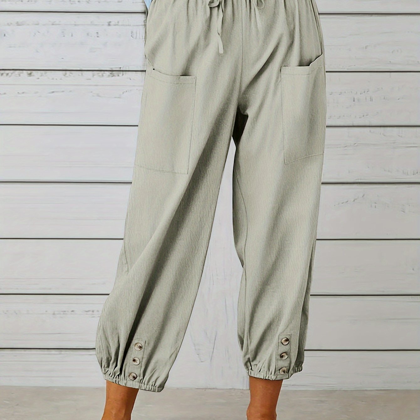 Button Cuff Patch Pocket Drawstring Capri Linen Pant