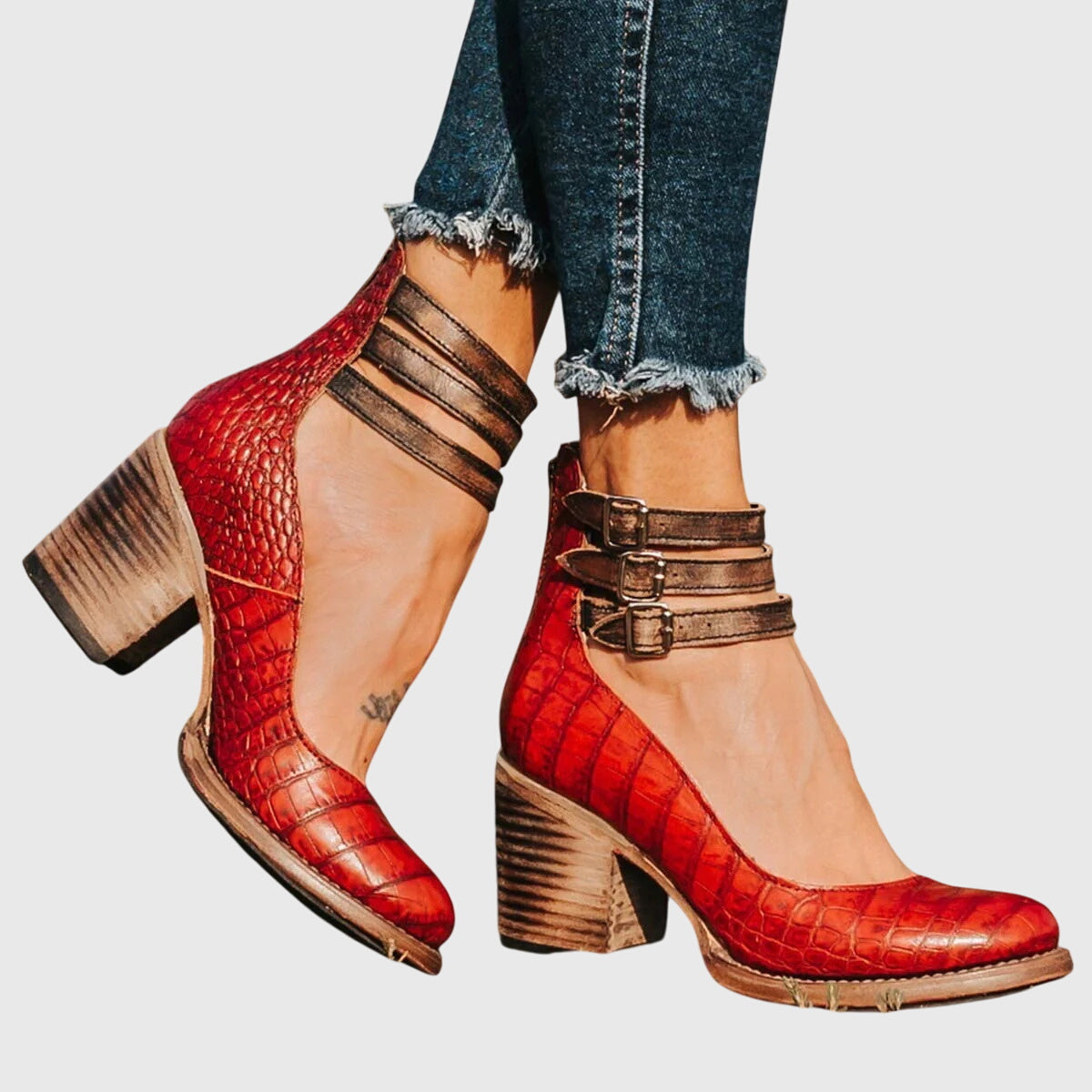 Triple Buckle Strap Distressed Leather Block Heel Boot