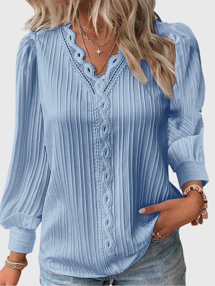 Lace Trim V Neck Textured Puff Sleeve Pullover Blouse