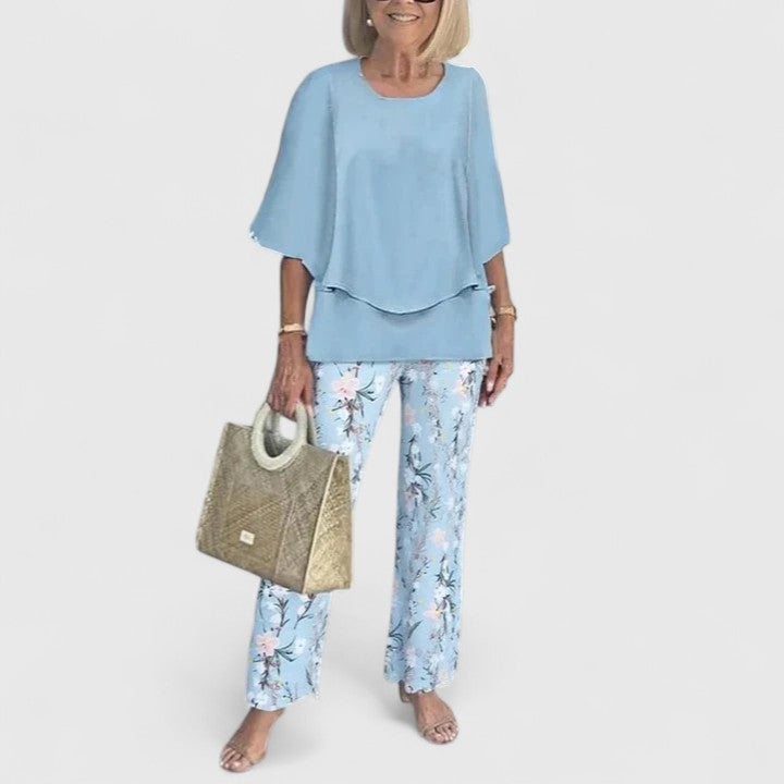 Floral Print Wide Leg Trouser Layered Chiffon Top Two Piece Set