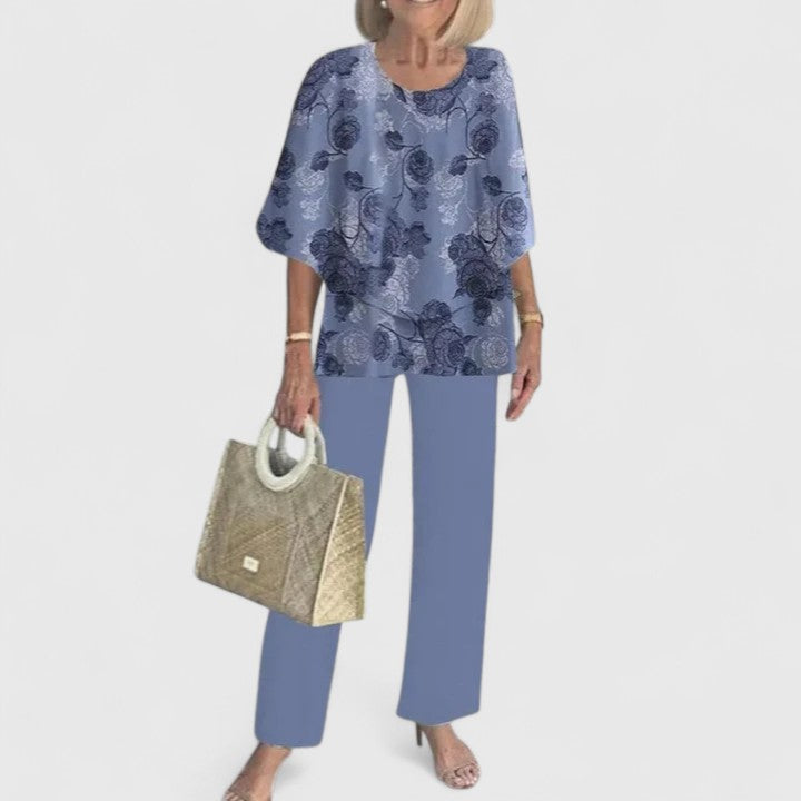 Floral Print Wide Leg Trouser Layered Chiffon Top Two Piece Set