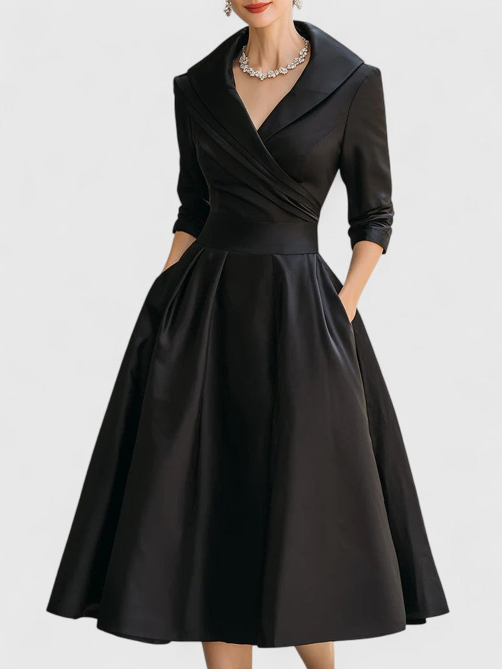 Ruched Wrap Collar A Line Satin Midi Dress - Wedding Guest