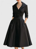 Ruched Wrap Collar A Line Satin Midi Dress - Wedding Guest