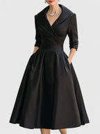 Ruched Wrap Collar A Line Satin Midi Dress - Wedding Guest