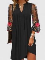 Floral Embroidered Mesh Sleeve V Neck Pleated Mini Dress