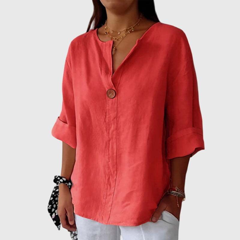 Single Button V Neck Roll Tab Sleeve Relaxed Linen Blouse
