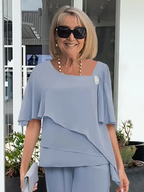 Chiffon Tiered Cape Top & Wide Leg Trouser Two Piece Set