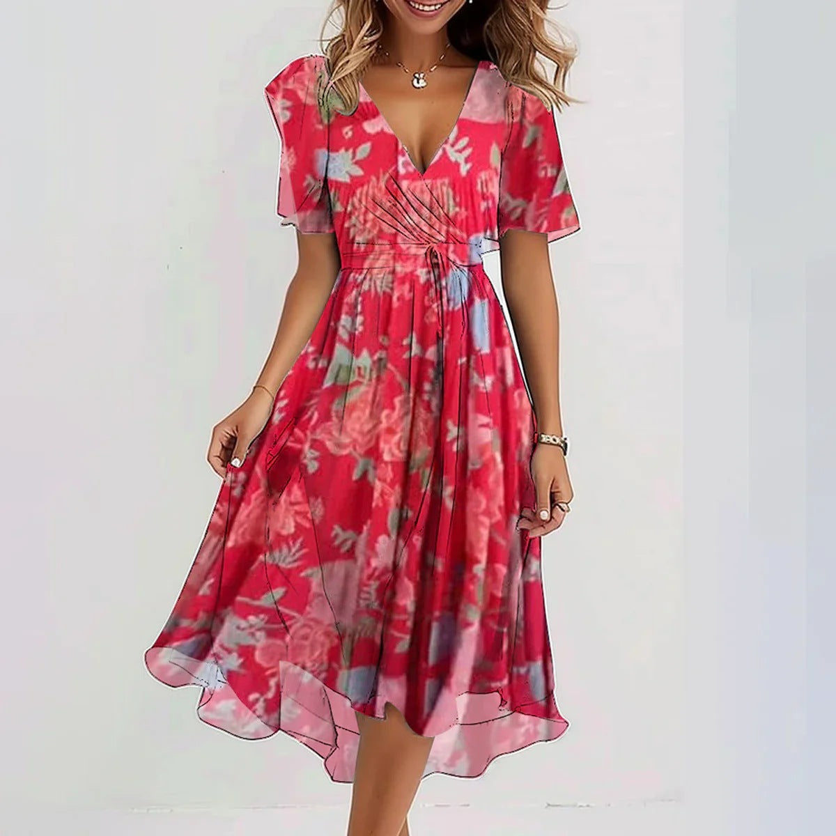 Floral Abstract V Neck Flutter Sleeve Midi Dress