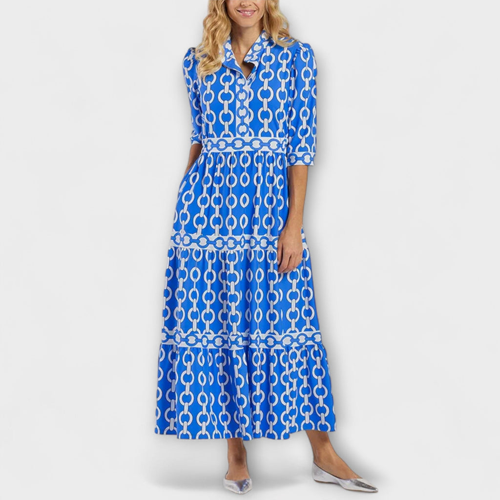 Chain Print Tiered Shirt Casual Midi Dress