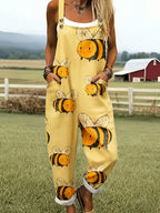 Oversized Bee Print Adjustable Strap Roll Cuff Casual Jumpsuit