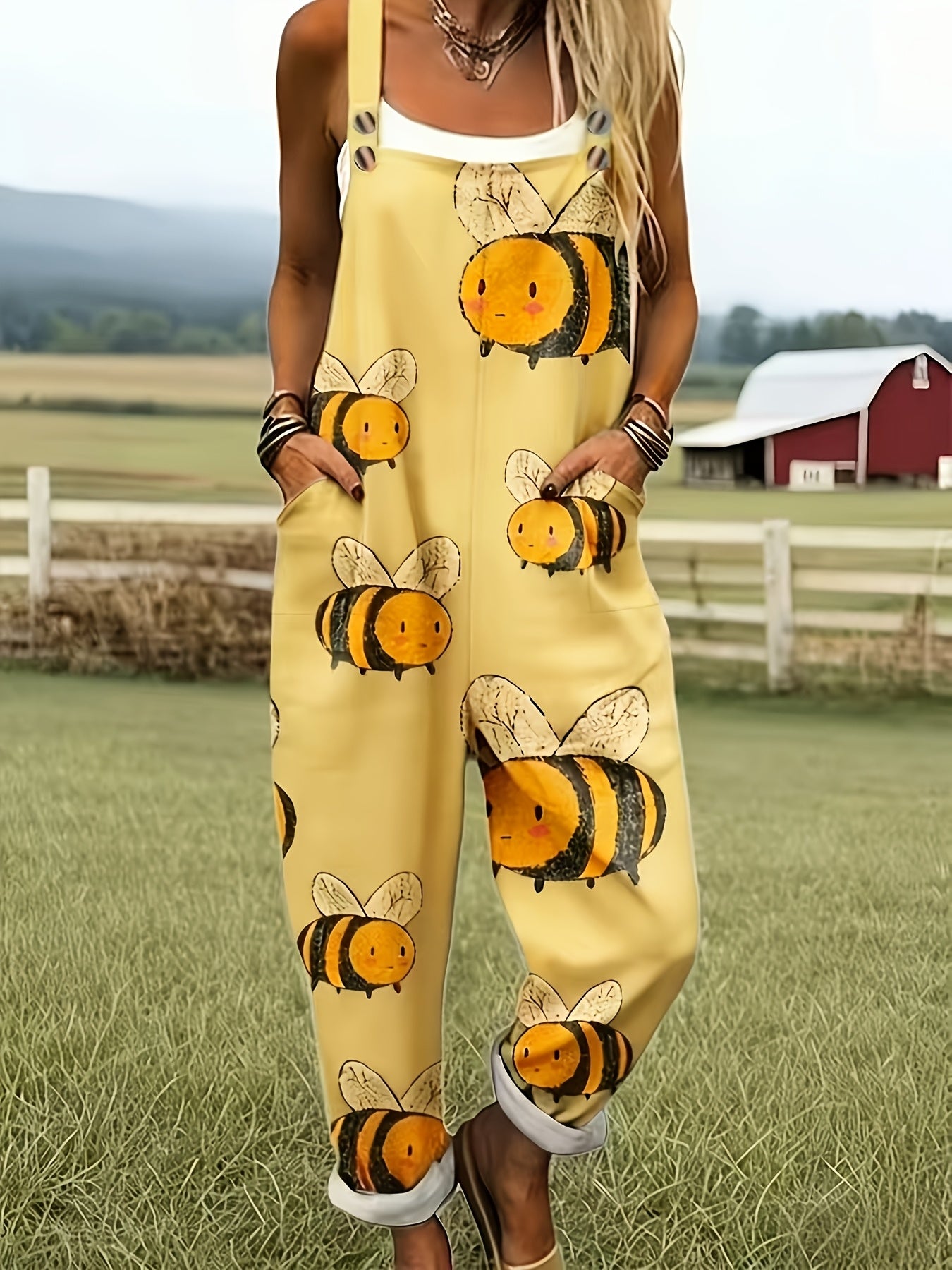 Oversized Bee Print Adjustable Strap Roll Cuff Casual Jumpsuit