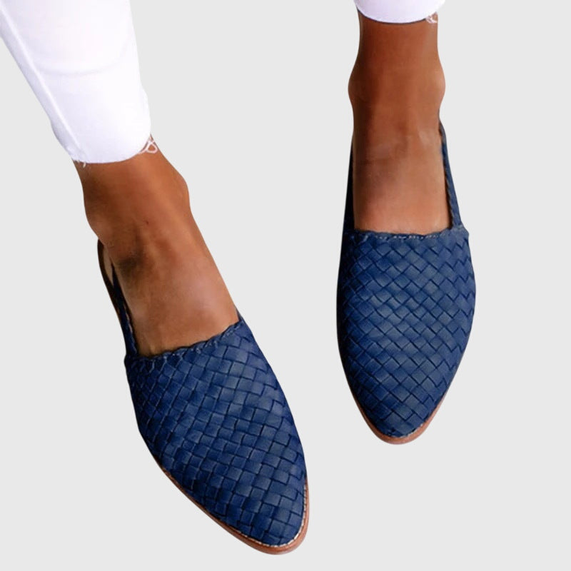 Woven Leather Pointed Toe Slip-On Flat Loafer