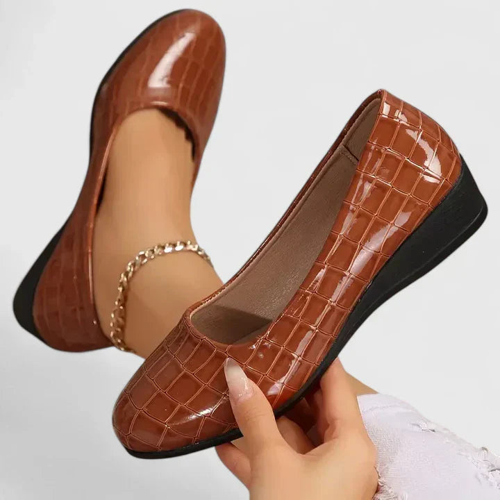 Croc Embossed Patent Slip On Low Wedge Flat