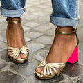 Metallic Twisted Multi Strap Ankle Buckle Contrast Block Heel Sandal