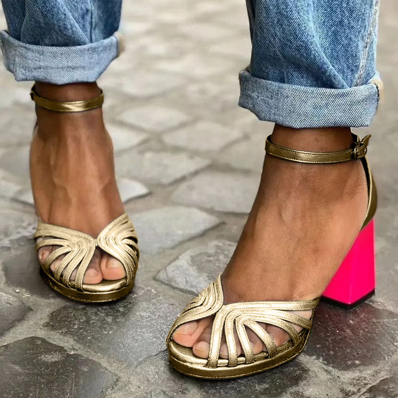 Metallic Twisted Multi Strap Ankle Buckle Contrast Block Heel Sandal