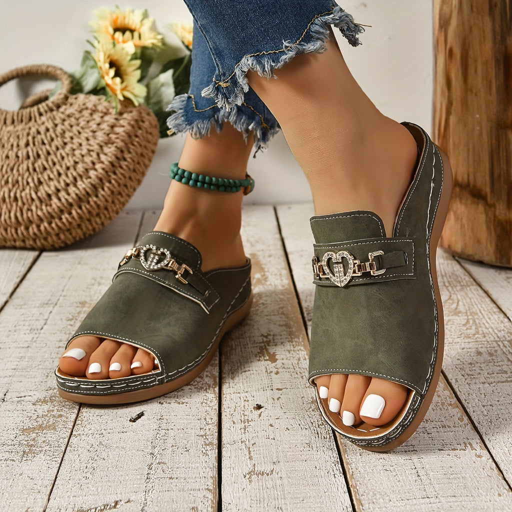 Rhinestone Heart Buckle Suede Open Toe Flat Slide Sandal