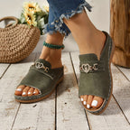 Rhinestone Heart Buckle Suede Open Toe Flat Slide Sandal