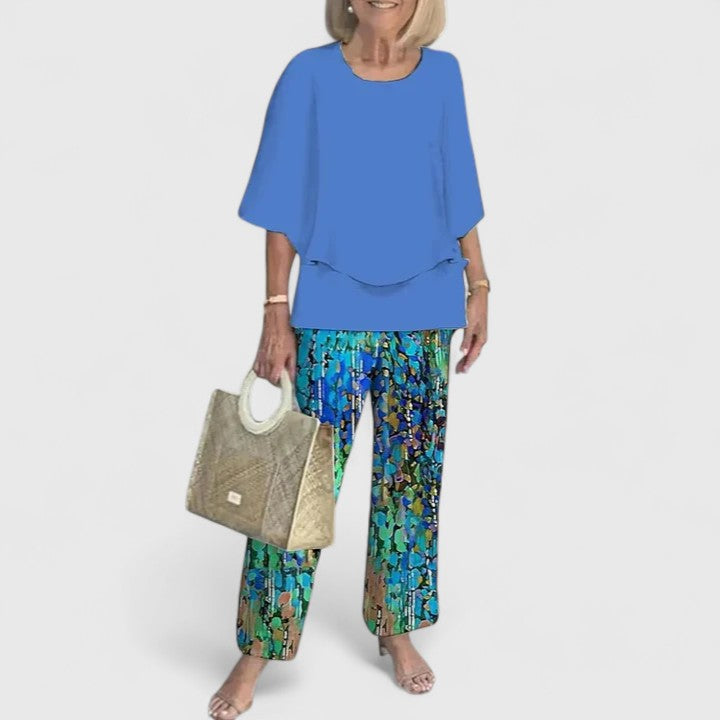 Floral Print Wide Leg Trouser Layered Chiffon Top Two Piece Set
