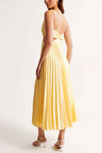 Pleated Cut Out Halter Midi Dress - Formal Wedding Guest