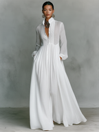 Stand Collar Button Down Pintuck Bodice Flowy Linen Maxi Dress