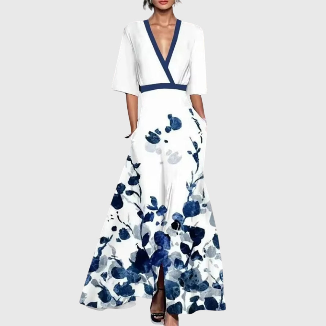 Bold Floral Contrast Trim Deep V-Neck Flowy Maxi Dress