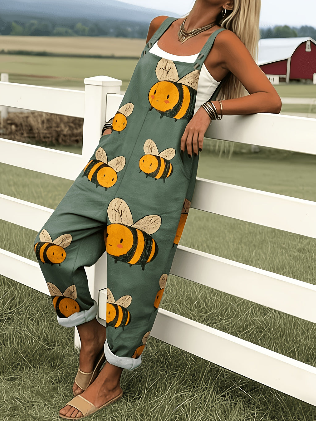 Oversized Bee Print Adjustable Strap Roll Cuff Casual Jumpsuit