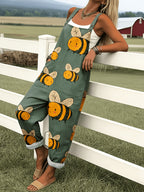 Oversized Bee Print Adjustable Strap Roll Cuff Casual Jumpsuit