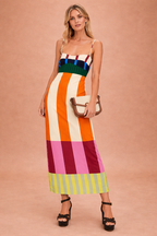 Bold Stripe Colourblock Spaghetti Strap Bodycon Midi Dress