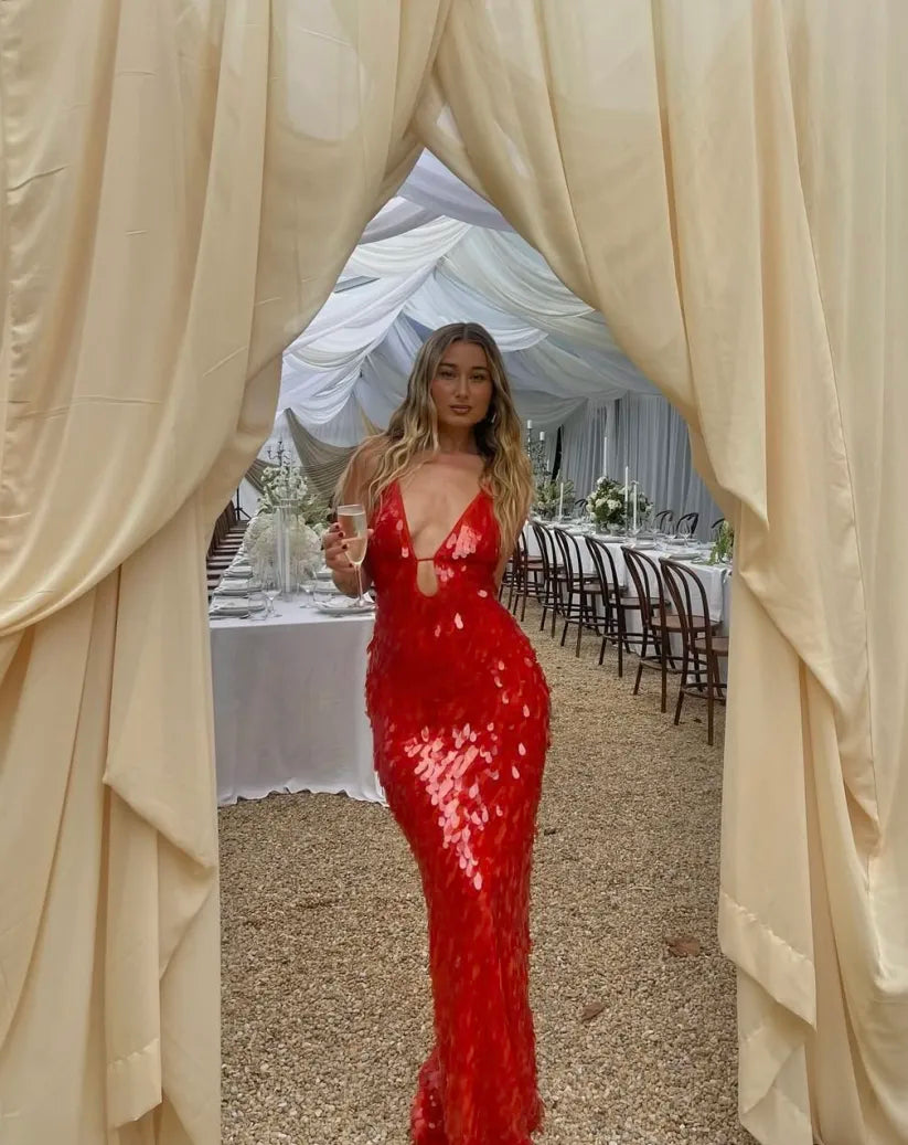 Red Sequin Backless Homecoming Dress