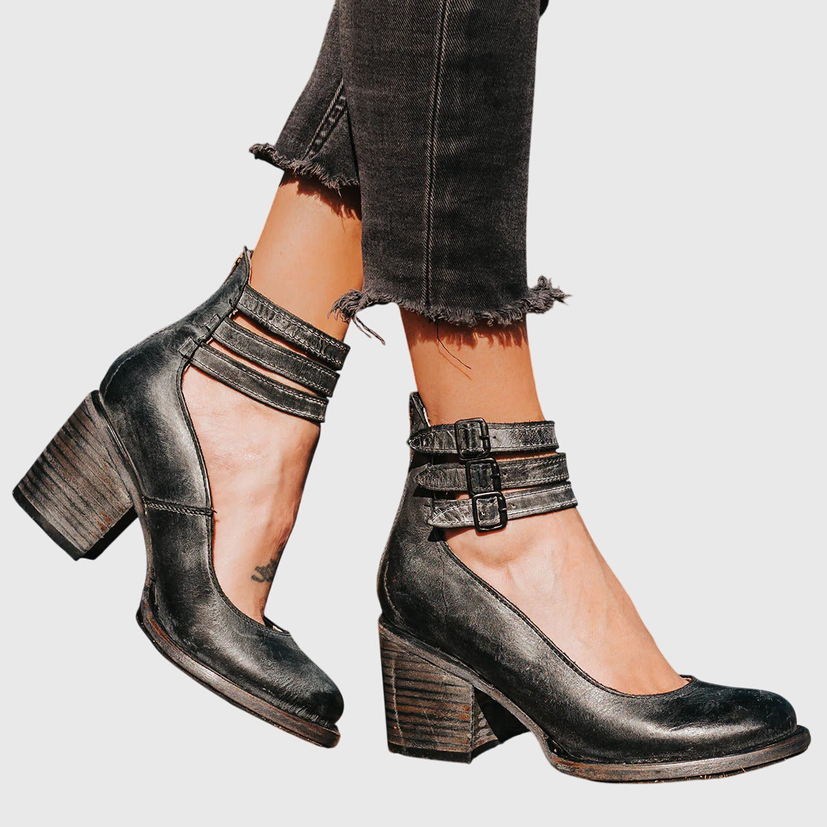 Triple Buckle Strap Distressed Leather Block Heel Boot