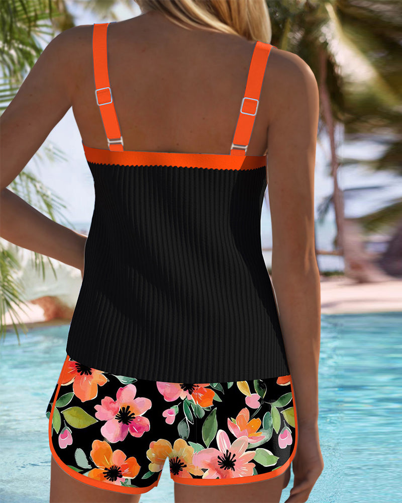 Ribbed Contrast Trim Floral Boyshort Tankini Swimsuit Set