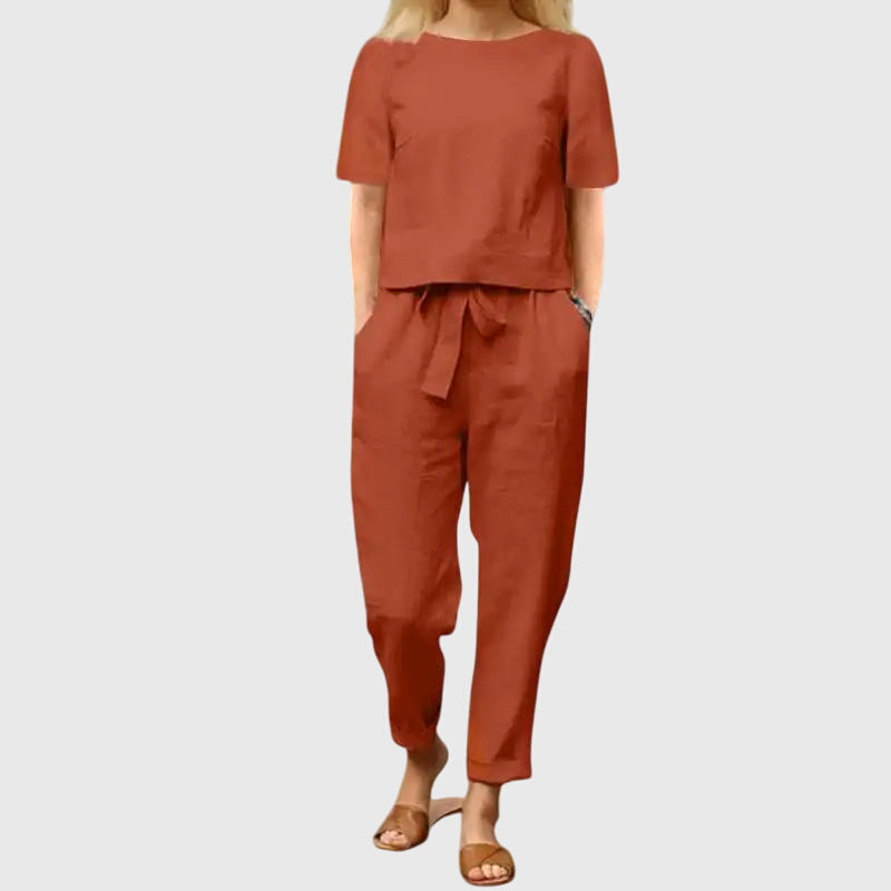Short Sleeve Crop Top Belted Trouser Linen Two Piece Set