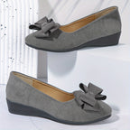 Suede Bow Detail Round Toe Slip On Wedge Ballet Flats