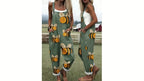 Oversized Bee Print Adjustable Strap Roll Cuff Casual Jumpsuit