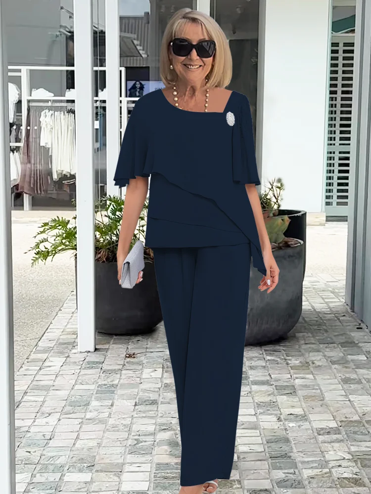 Chiffon Tiered Cape Top & Wide Leg Trouser Two Piece Set