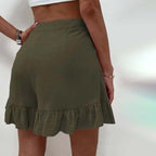 High Waist Ruffle Hem Single Button Casual Cotton Short