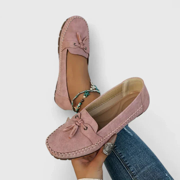 Suede Tassel Bow Whipstitch Trim Slip On Flat Loafer