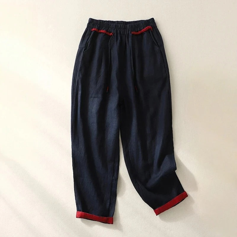 Contrast Hem Drawstring Elasticated Tapered Linen Pant