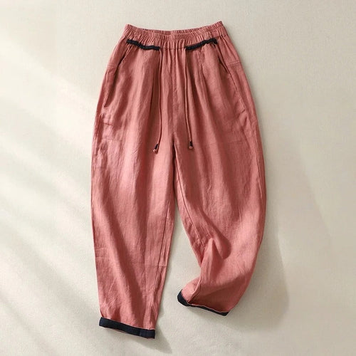 Contrast Hem Drawstring Elasticated Tapered Linen Pant